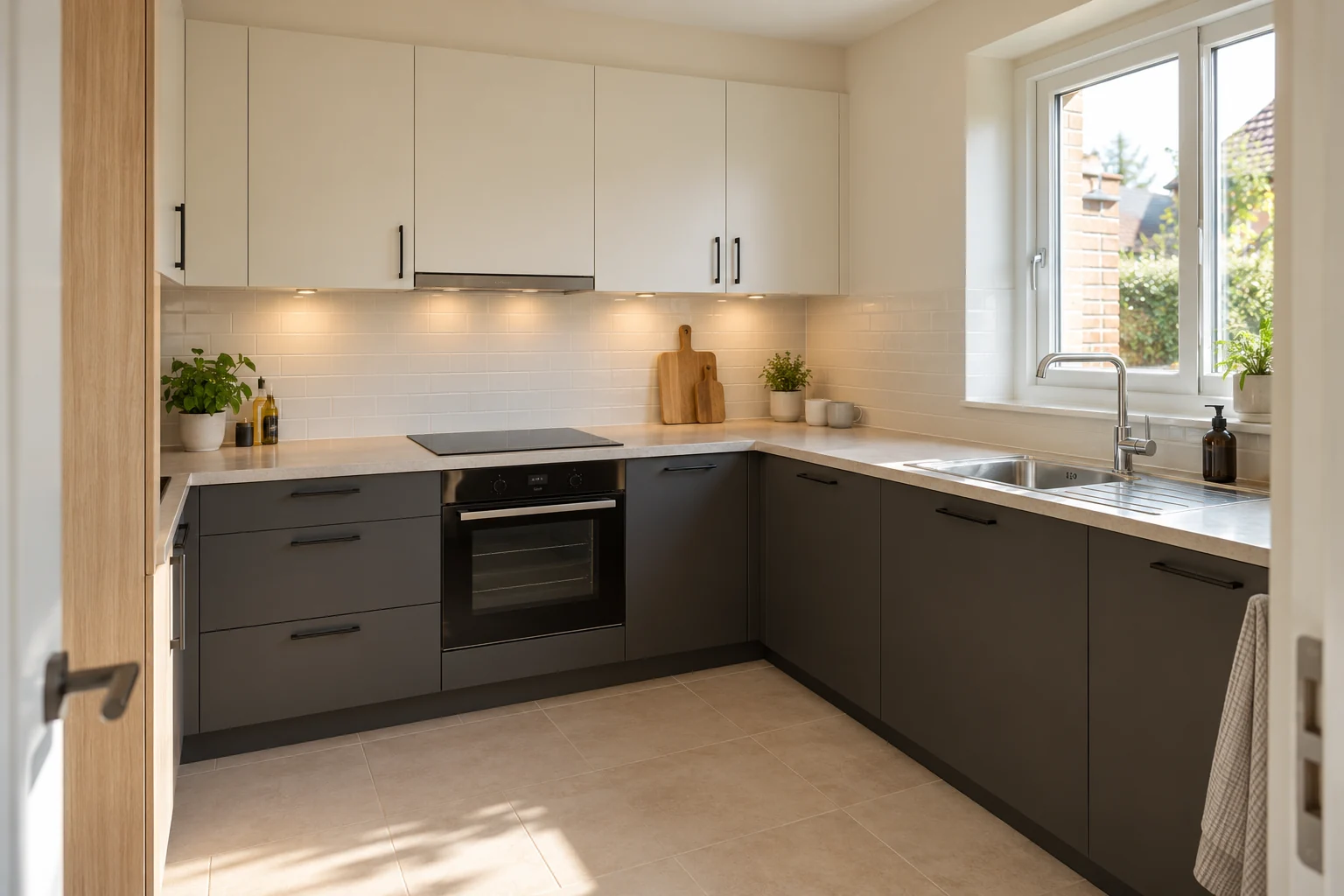 Simulation d’une cuisine rénovée : façades claires et anthracite, poignées noires.